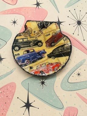 Vintage Car Decoupage Ring Holder or Decor Piece— Yellow with Multi-Colored Cars
